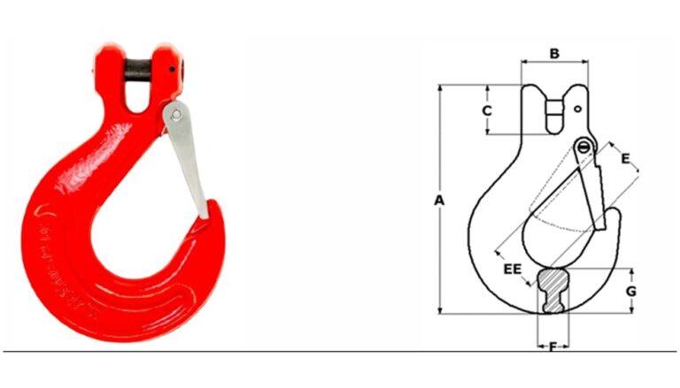 Gancho Clévis Encurtador Grau 8 para correntes de elevação, utilizado no ajuste e encurtamento de lingas de corrente em operações de içamento de cargas.