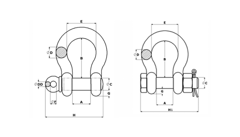 Desenho técnico da manilha curva alloy com identificação das dimensões A, B, C, DD, E, F, G, H e H1