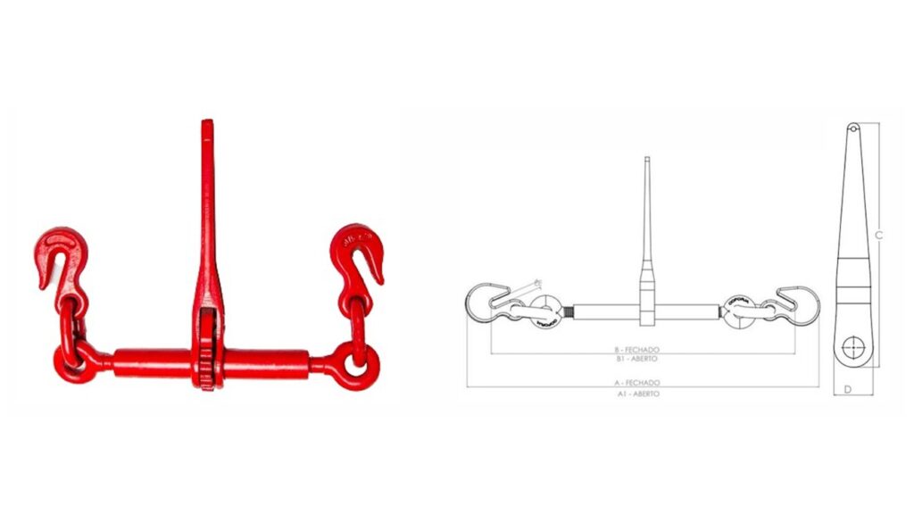 Esticador de corrente tipo catraca com dimensões A, A1, B, B1, C, D e EE, indicando carga de trabalho e peso unitário conforme o diâmetro da corrente.